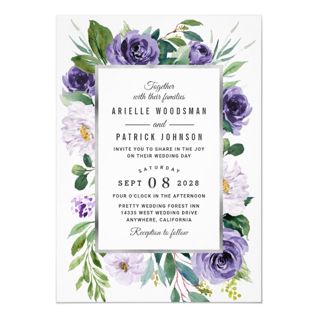 Purple Silver Gray Watercolor Floral Wedding Invitation