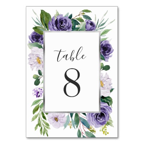 Purple Silver Gray Watercolor Floral Wedding Table Number