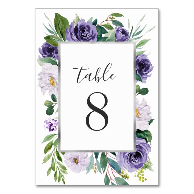 Purple Silver Gray Watercolor Floral Wedding Table Number (Front)