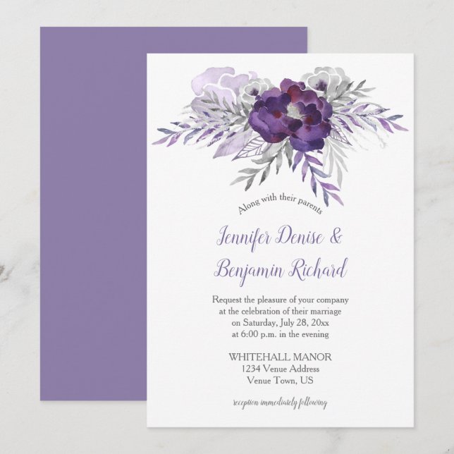 Purple Silver Gray Watercolor Flowers Wedding | Invitation (Front/Back)