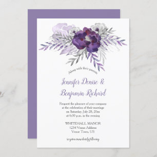 Purple Silver Gray Watercolor Flowers Wedding Invitation