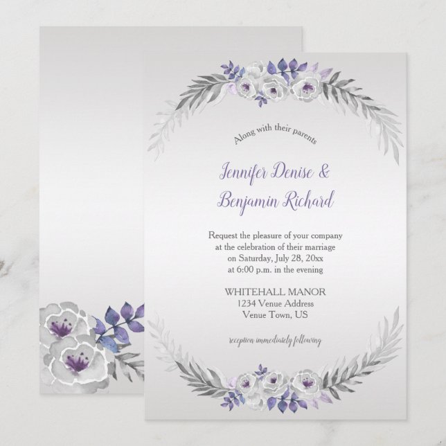 Purple Silver Gray Watercolor Flowers Wedding | Invitation (Front/Back)