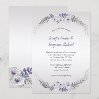 Purple Silver Gray Watercolor Flowers Wedding | Invitation