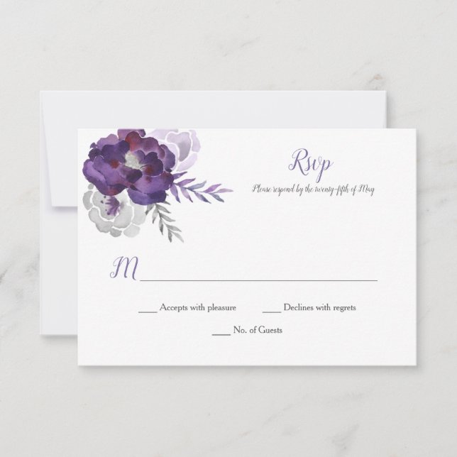 Purple Silver Gray Watercolor Roses RSVP Card (Front)