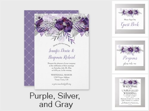 Purple Silver Gray Watercolor Roses Wedding Suite