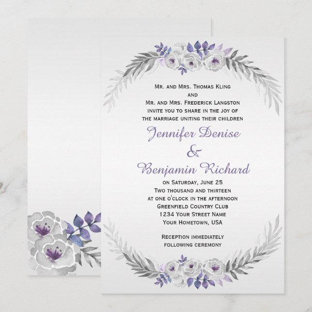 Purple Silver Gray Watercolor Roses Weddings Invitation (Front/Back)