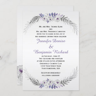 Purple Silver Gray Watercolor Roses Weddings Invitation