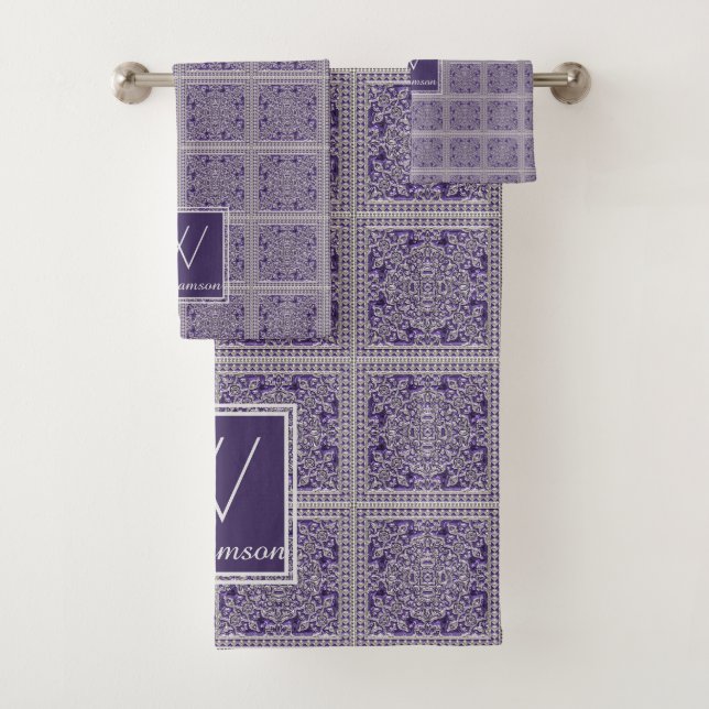 Purple Silver Gray With Monogrammed Surname Bath Towel Set (Insitu)
