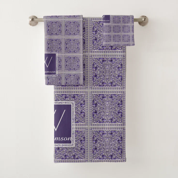 Purple Silver Gray With Monogrammed Surname Bath Towel Set | Zazzle