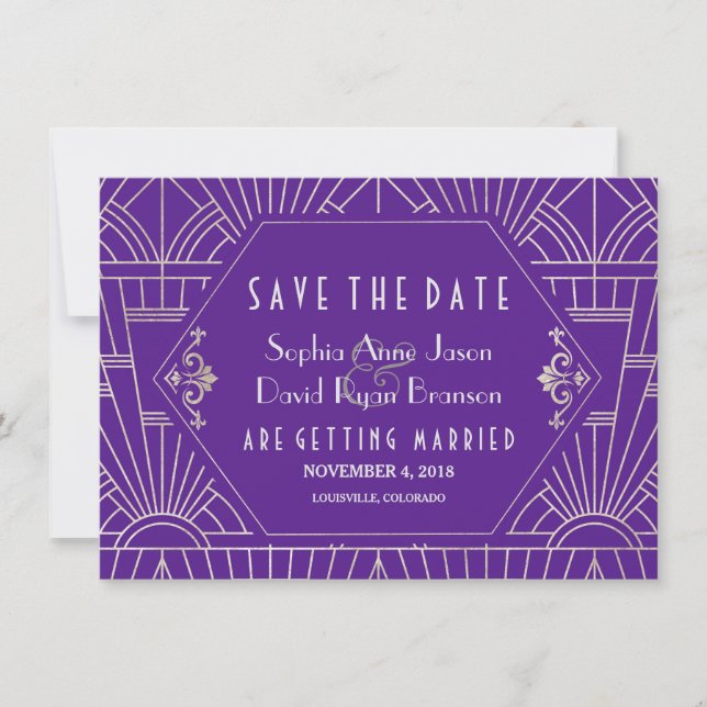 Purple Silver Great Gatsby Art Deco Save The Date (Front)