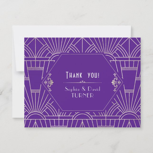 Purple Silver Great Gatsby Art Deco Save The Date Thank You Card (Front)