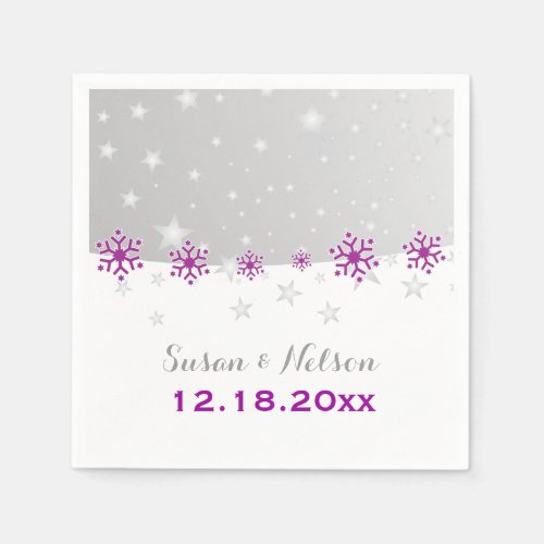 Purple silver grey snowflake modern wedding paper napkins