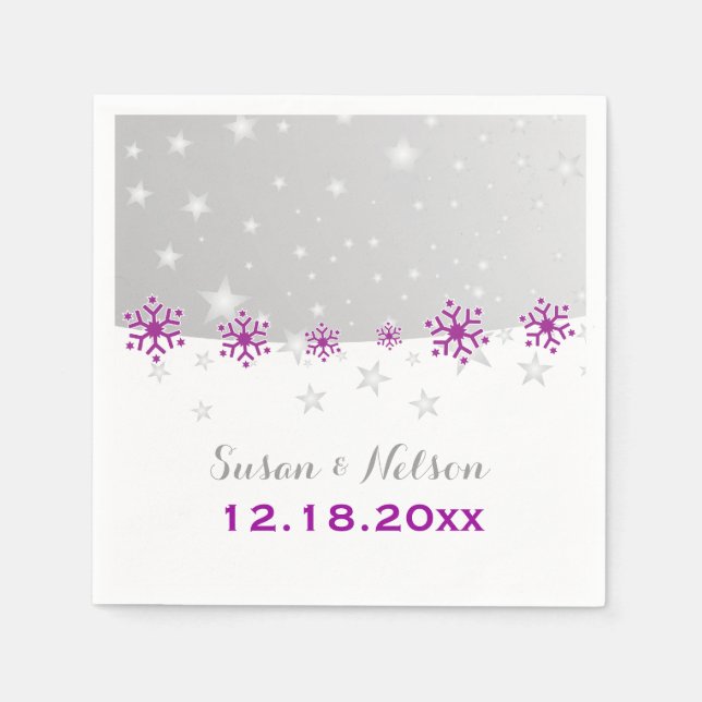 Purple, silver grey snowflake modern wedding paper napkins (Front)