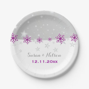 Purple, silver grey snowflake modern wedding paper plates