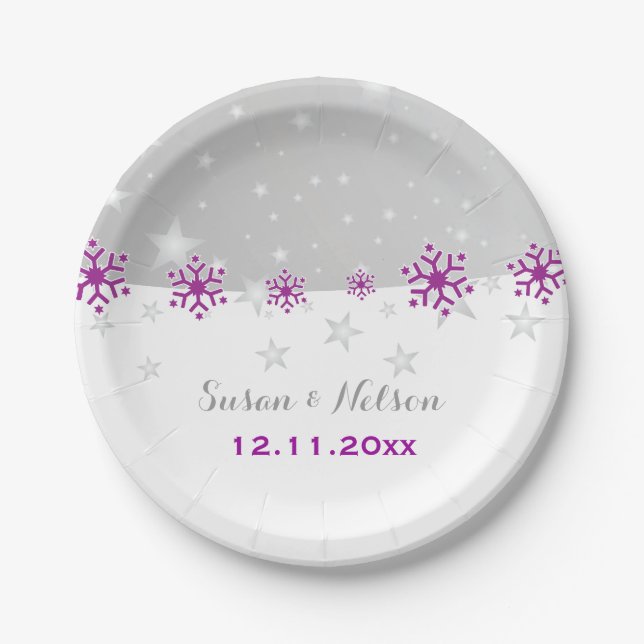 Purple, silver grey snowflake modern wedding paper plates (Front)