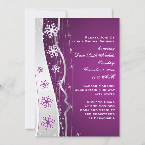 Purple silver grey snowflake wedding bridal shower invitation