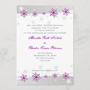 Purple silver grey snowflake wedding invitation