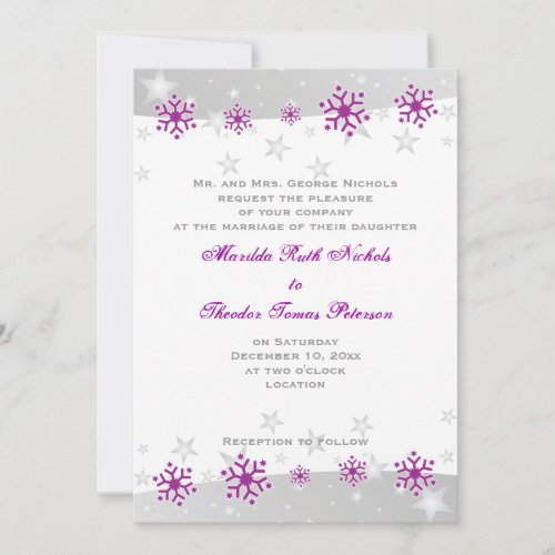 Purple silver grey snowflake wedding invitation