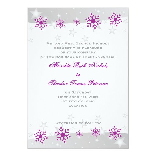 Purple silver grey snowflake wedding invitation | Zazzle