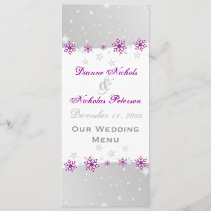 Purple silver grey snowflake wedding menu card