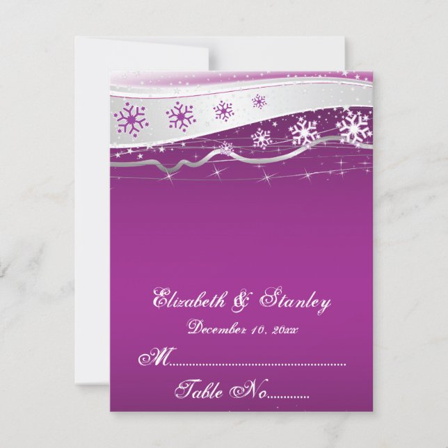 Purple, silver grey snowflake wedding place card (Front)