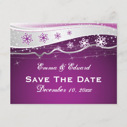 Purple silver grey snowflake wedding Save the Date Announcement Postcard