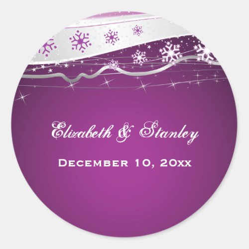 Purple silver grey snowflake wedding Save the Date Classic Round Sticker