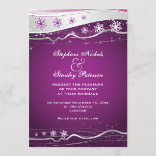 Purple, silver grey snowflake winter wedding invitation