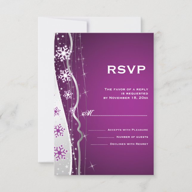 Purple, silver grey snowflake winter wedding RSVP Card (Front)