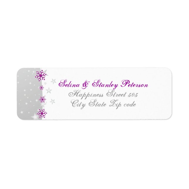 Purple silver grey white snowflake wedding label (Front)