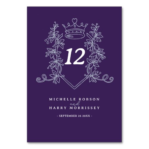 Purple Silver heart crown wedding  Table Number