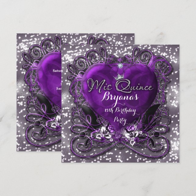 Purple & Silver Heart Mis Quince 15th Invitation (Front/Back)