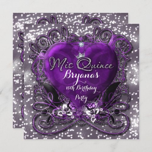 Purple  Silver Heart Mis Quince 15th Invitation