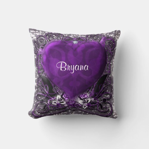 Purple  Silver Heart Sparkle Glamour Bling Throw Pillow