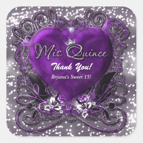 Purple  Silver Heart Sparkle Mis Quince 15 Party Square Sticker