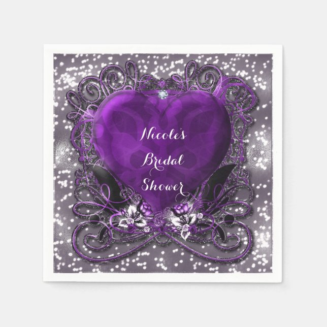 Purple & Silver Heart Sparkle Party Paper Napkins (Front)