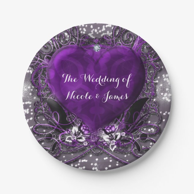Purple & Silver Heart Sparkle Party Paper Plates (Front)