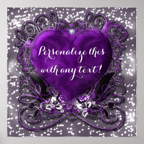 Purple  Silver Heart Sparkle Party Poster