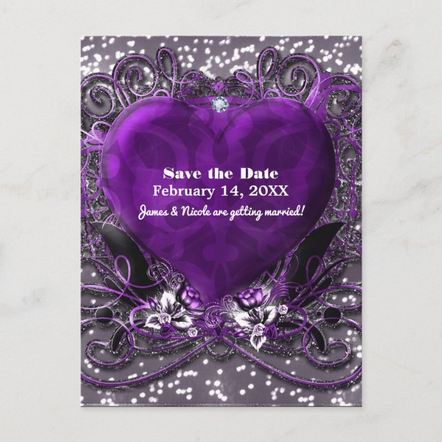 Purple & Silver Heart Sparkle Save The Date Party Announcement Postcard (Front)