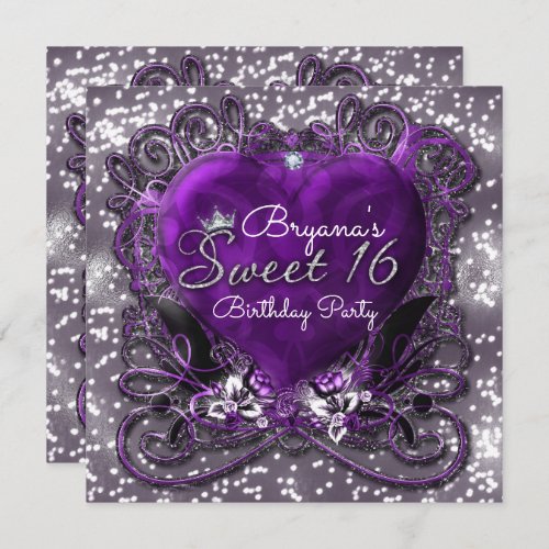 Purple  Silver Heart Sparkle Sweet 16 Invitations