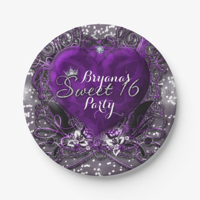 Purple & Silver Heart Sparkle Sweet 16 Party Paper Plates (Front)
