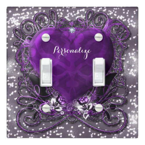 Purple  Silver Heart Sparkle with Roses Glam Light Switch Cover
