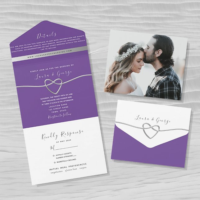Purple Silver Heart Wedding All In One Invitation (Creator Uploaded)