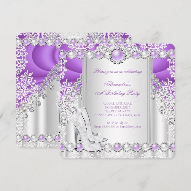 Purple Silver High Heels Pearl Birthday Party 2 Invitation (Front/Back)