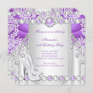 Purple Silver High Heels Pearl Birthday Party 2 Invitation