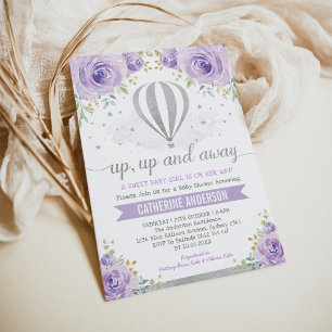 Purple Silver Hot Air Balloon Baby Shower Invitation