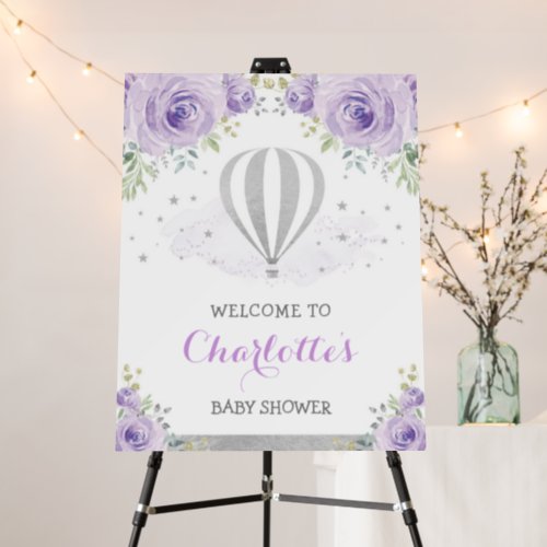 Purple Silver Hot Air Balloon Floral Welcome Baby Foam Board