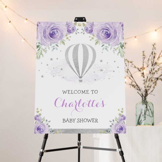 Purple Silver Hot Air Balloon Floral Welcome Baby Foam Board (In Situ (Stand))