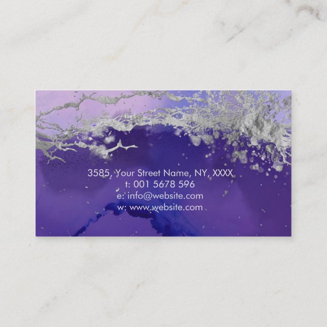 Purple Silver ink and Marble Abstract Business Car Business Card (Back)