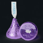 Purple, Silver Joined Hearts Hershey®'s Kisses®<br><div class="desc">Add some personalized flair to your wedding reception tables with these fun and flirty purple on purple Hershey Kisses candies with small stickers on the bottom that have a ribbon and bow image across the center with a small pair of double hearts with jewels and glitter look brooch on top....</div>